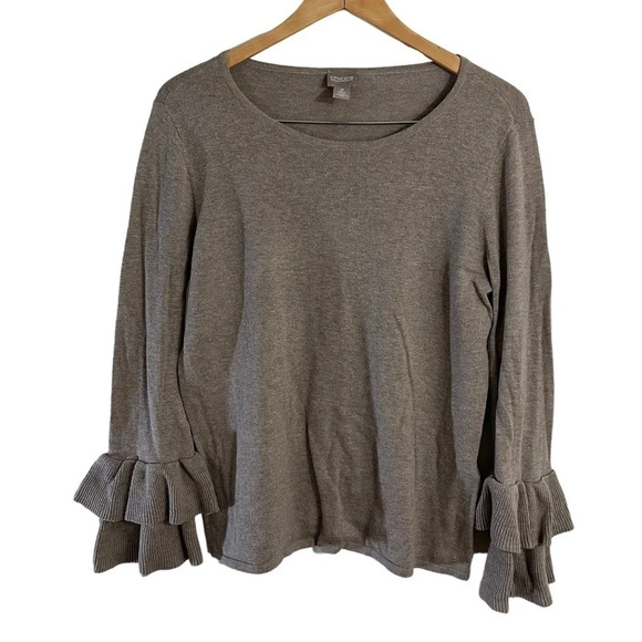 Chico's Tops - Chicos Beige Brown Knit Top 2 Ruffled Bell Sleeves Pullover Round Neck Neutral